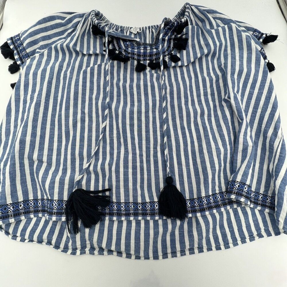 crown & ivy Blue and White Striped Tassel Peasant Blouse